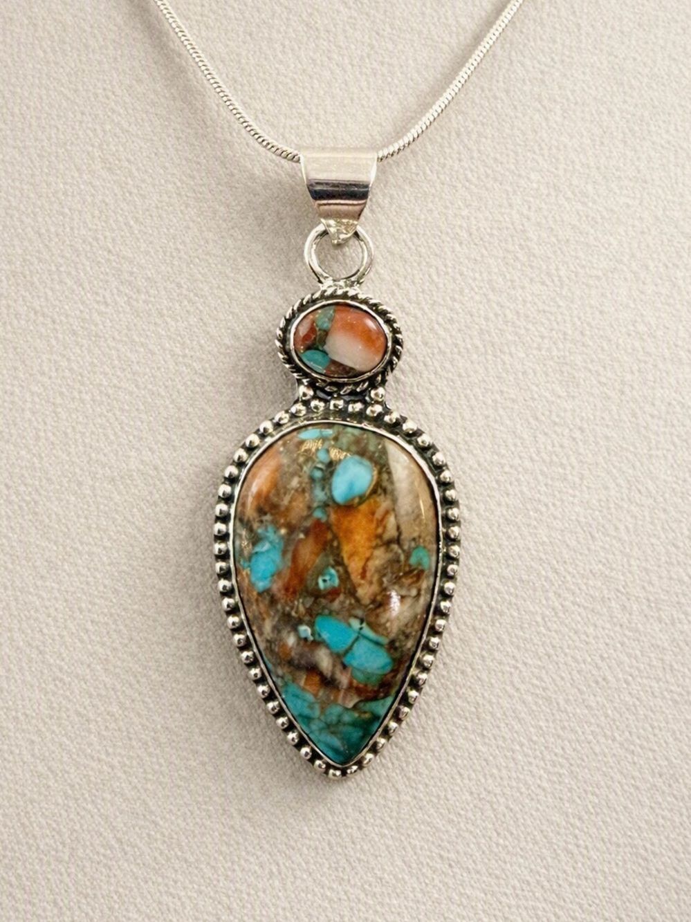 Boho Spiny Oyster & Turquoise Sterling Silver Teardrop Necklace Pendant Artisan